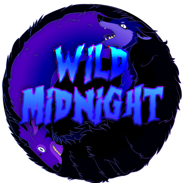Purple, black and blue logo for Wild Midnight - depicting two fantasy species interlocked in a yin-yang fashion.