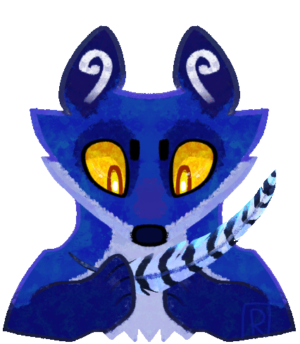 Silgii Animated GIF of Silgii, a blue pine marten, examining a black and white striped feather.